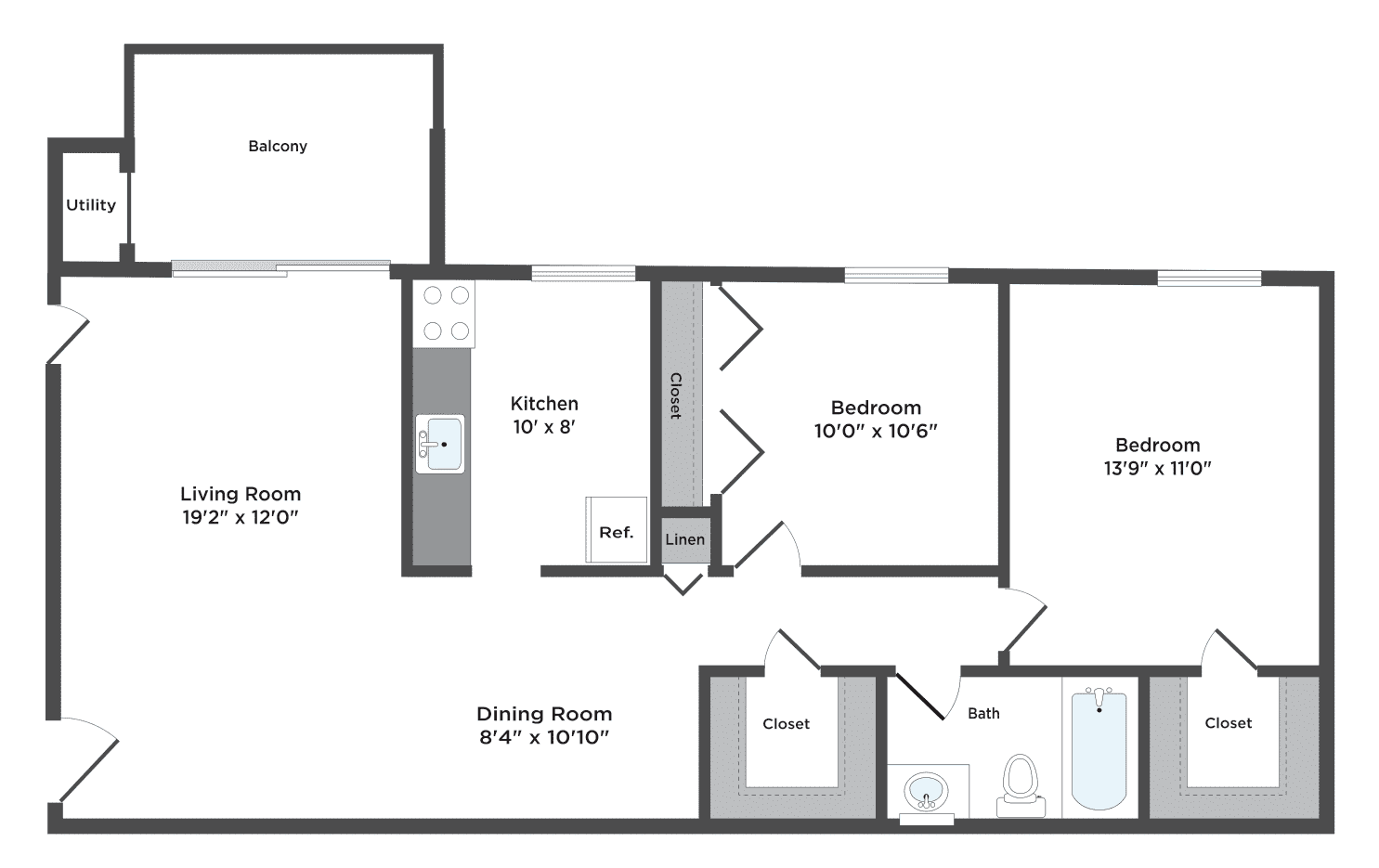 Two Bedroom Floorplan. Open living/dining room area with a balcony and utility room lead to the kitchen, linen closet, full bathroom and first walk-in closet. There are two bedrooms, one with a large built-in closet and the other with the second walk-in closet.
