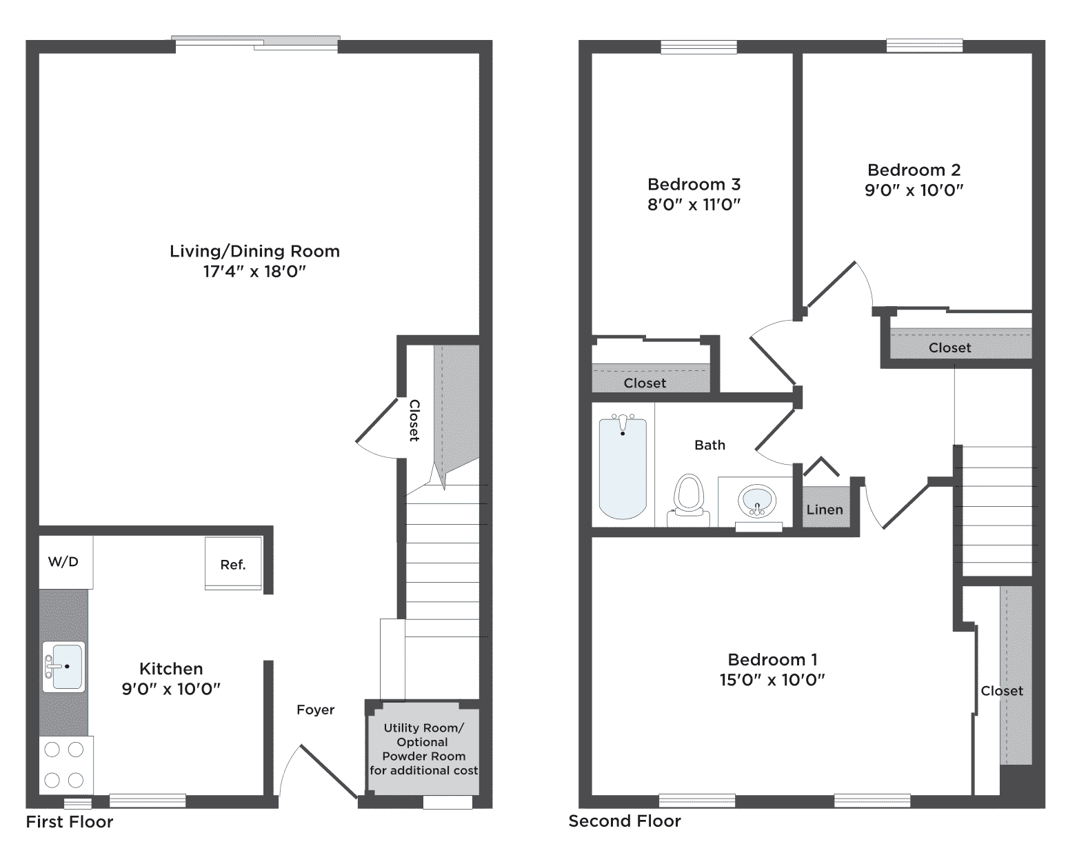 Three bedroom townhome Floorplan. Entrance opens to foyer with utility room on the right that can be converted to powder room for optional cost and kitchen with washer/dryer on the left. The open living/dining room area has a closet. Upstairs has a full bath, linen closet and the three bedrooms, each with it's own built-in closet.