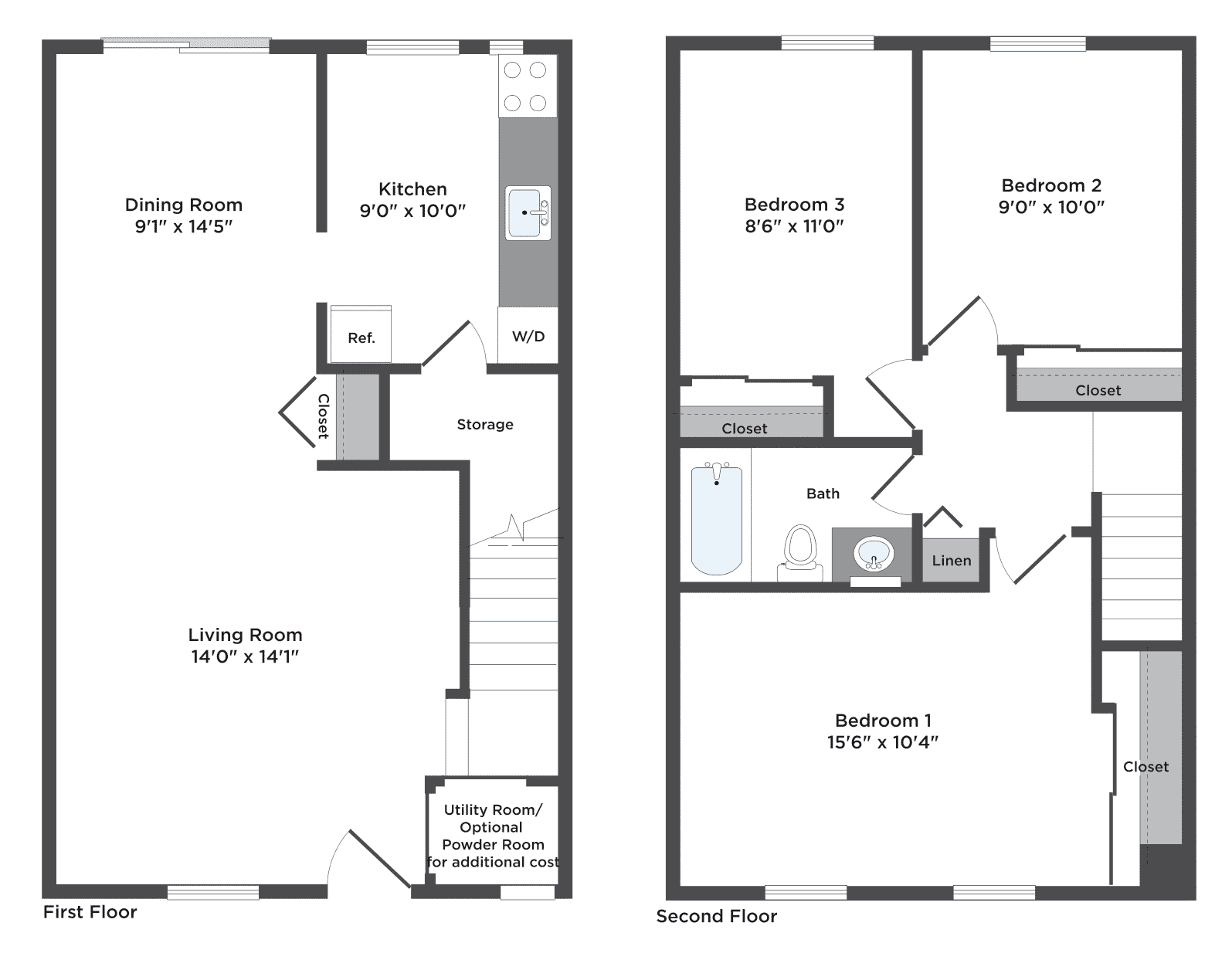 Three bedroom townhome deluxe Floorplan. Entrance leads to open living/dining room area with coat closet. Kitchen has washer/dryer and access to additional storage space. Utility room off the living can be converted to a powder room for additional cost. Upstairs has a full bath, linen closet and the three bedrooms, each with its own built in closet.